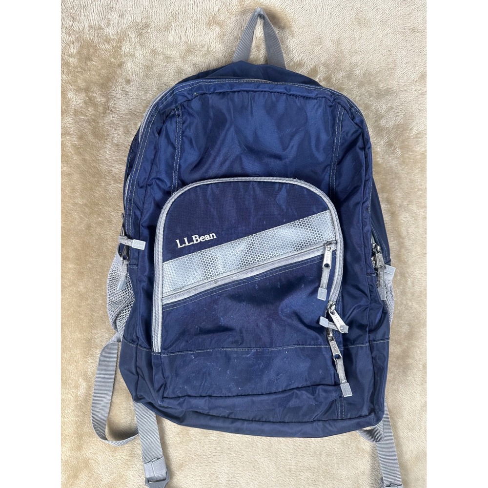 LL Bean Navy Blue Deluxe Book Pack Backpack School Hiking Travel Bag Reflective